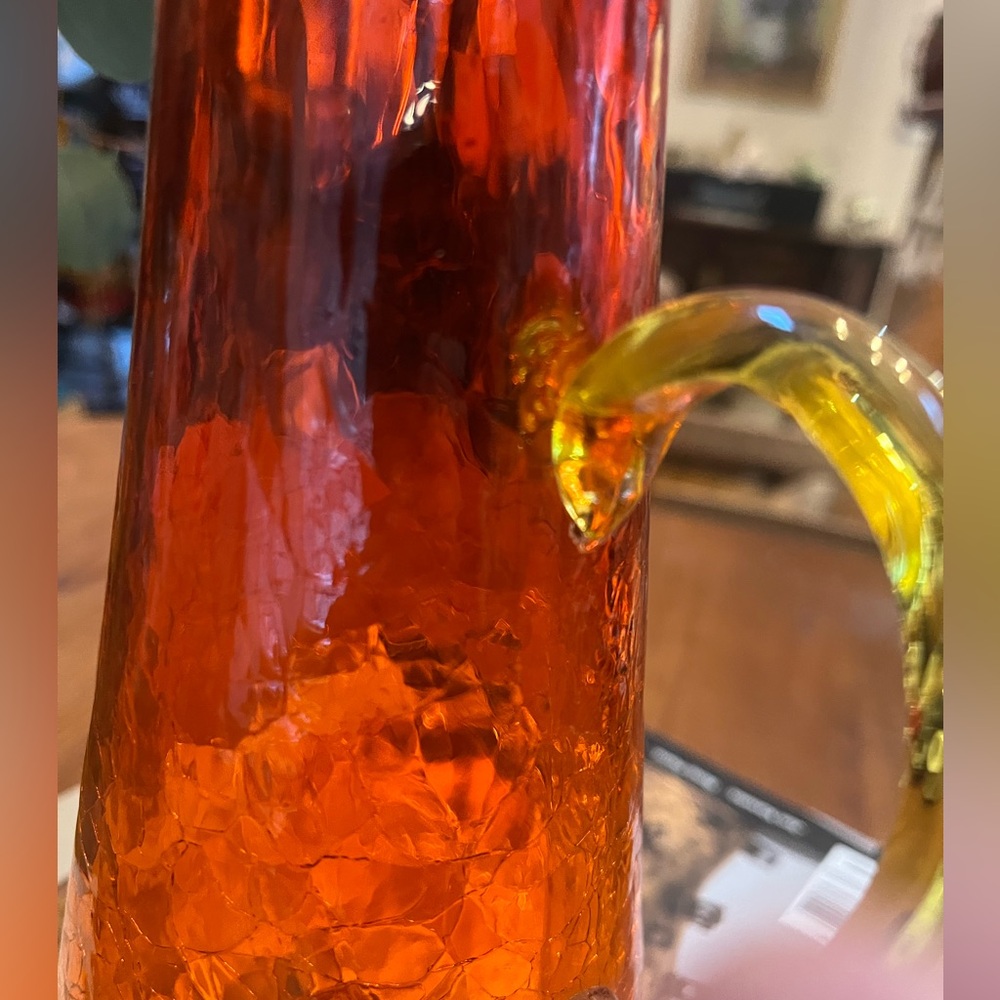 Vintage Vibrant Amber Red Orange Crackle Glass Pitcher MCM - Picture 5 of 8